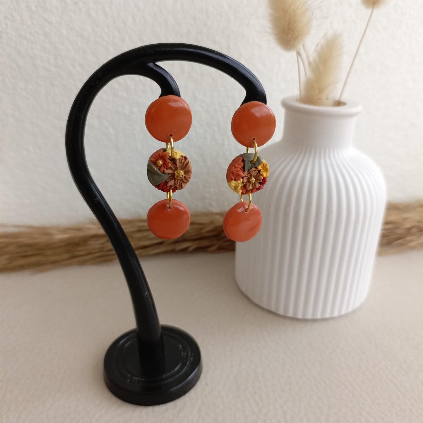 End of season sale - Crisp Petals - Circle Floral Clay Earrings