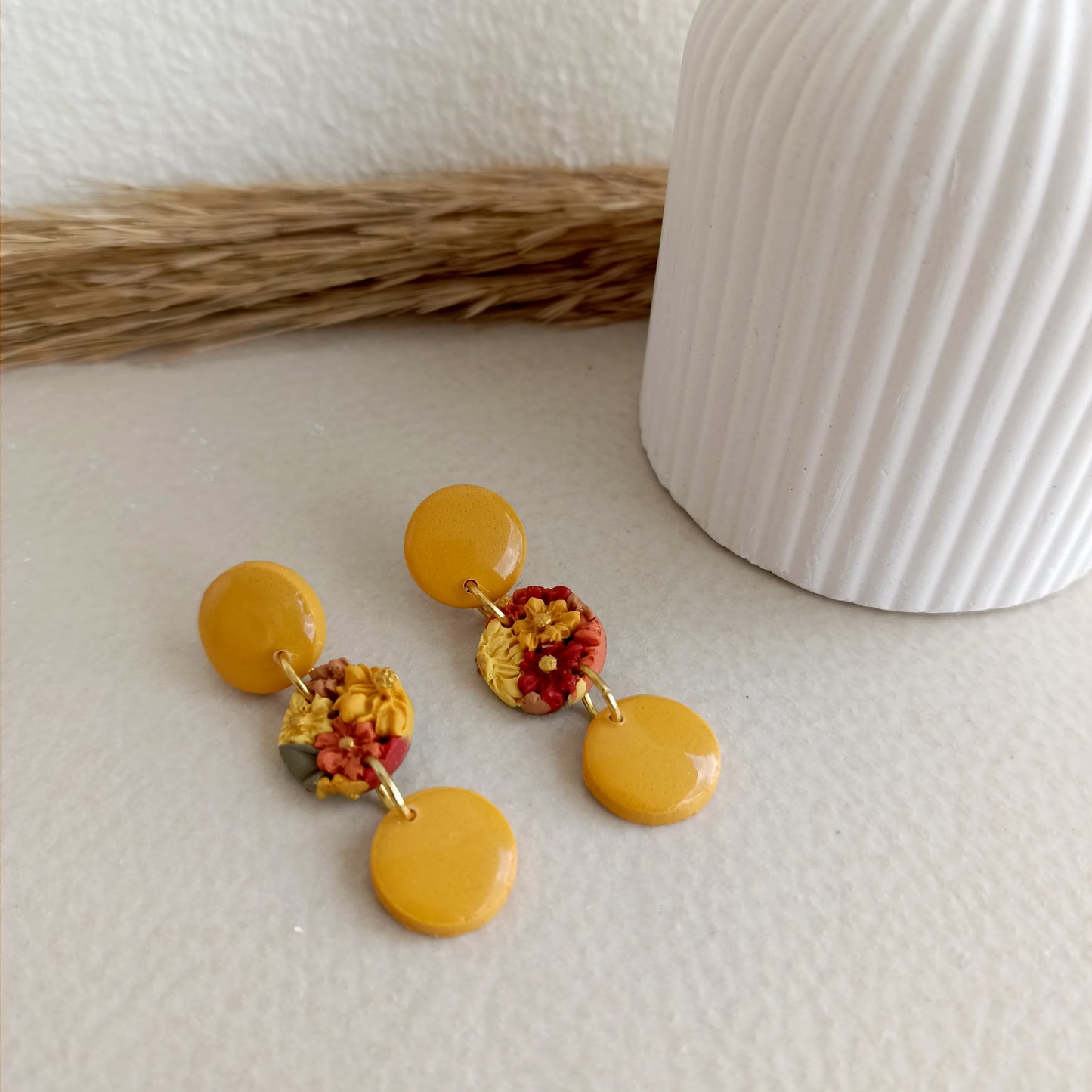 End of season sale - Crisp Petals - Circle Floral Clay Earrings
