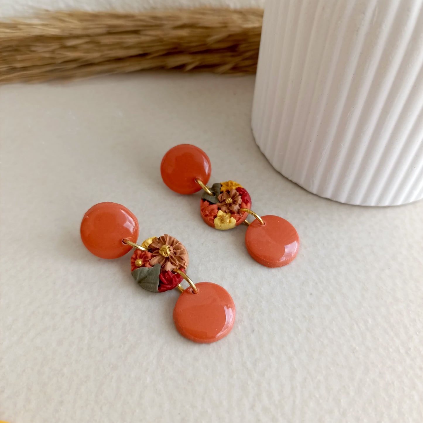 End of season sale - Crisp Petals - Circle Floral Clay Earrings
