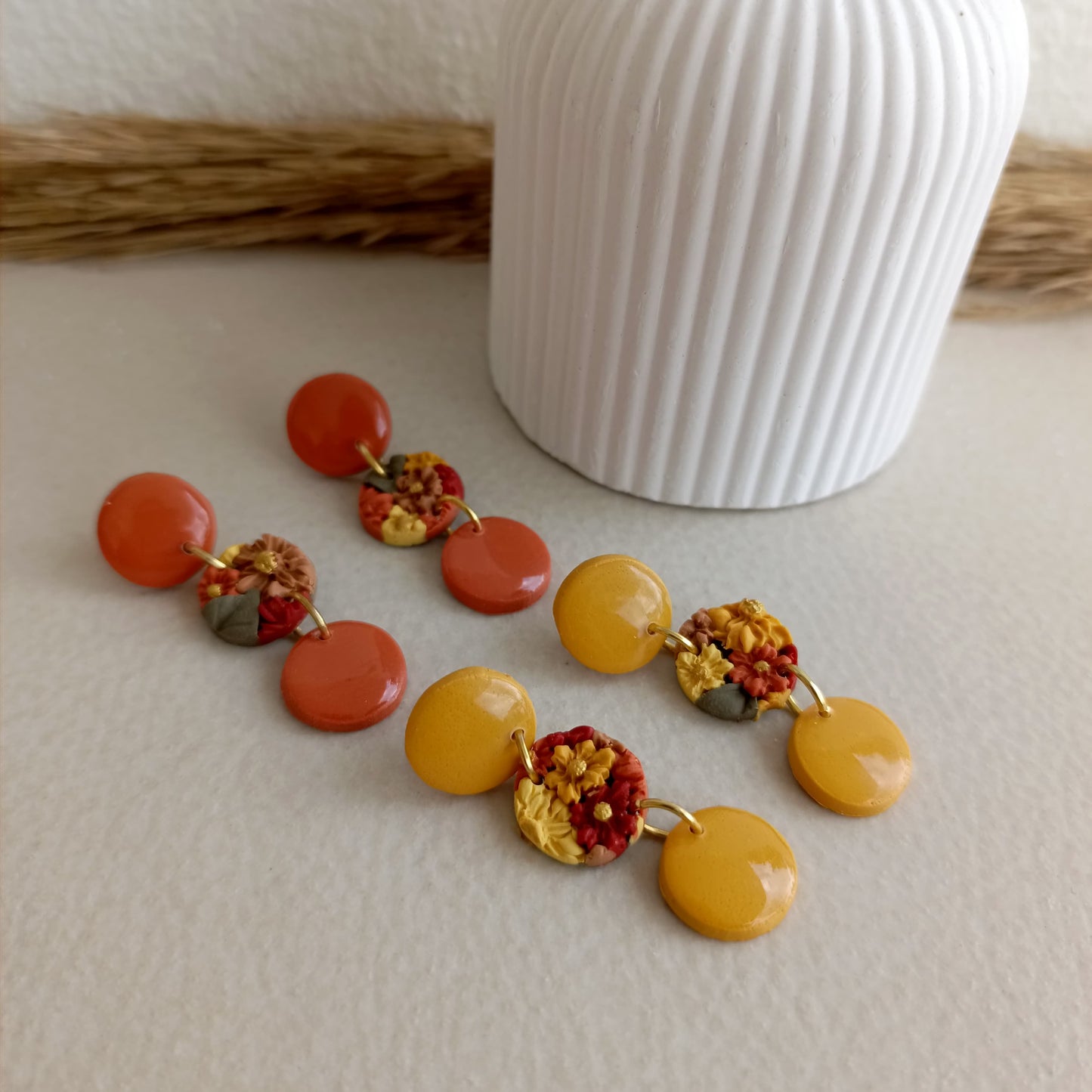 End of season sale - Crisp Petals - Circle Floral Clay Earrings