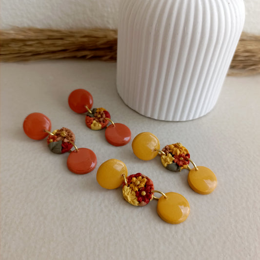 End of season sale - Crisp Petals - Circle Floral Clay Earrings