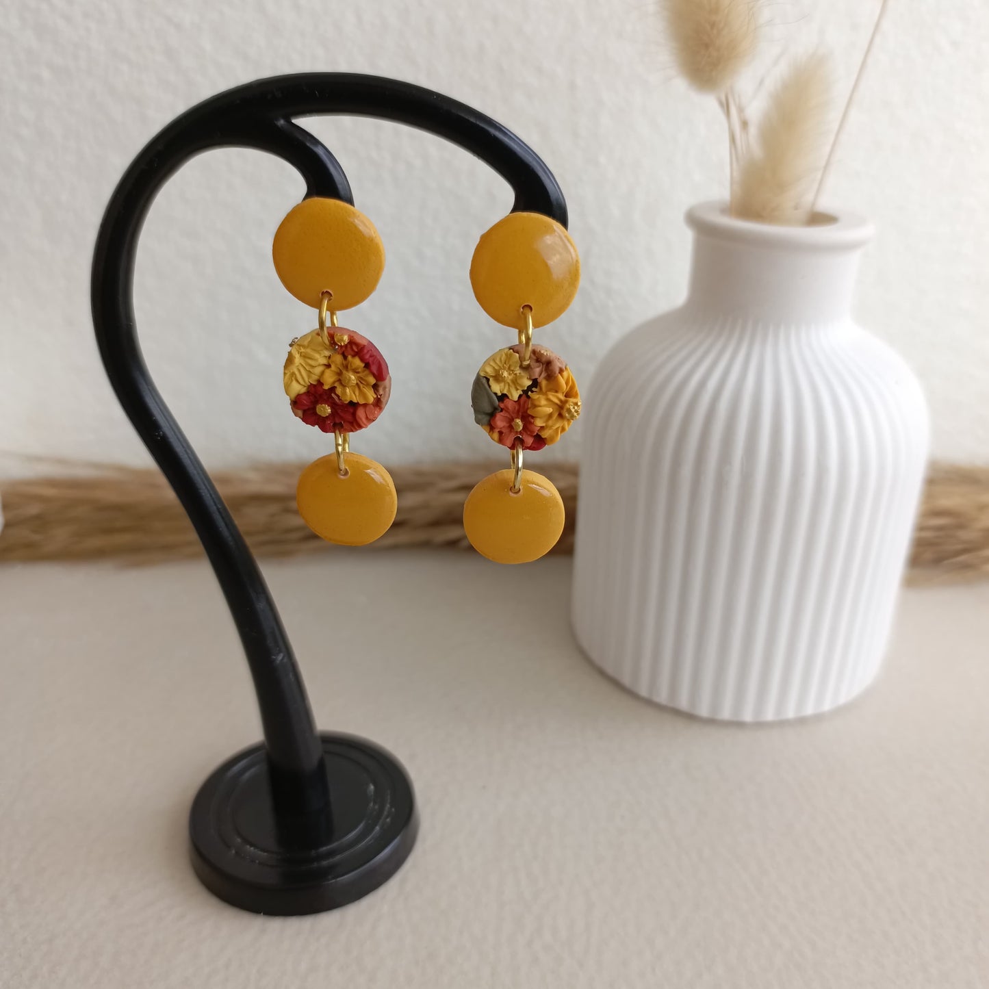 End of season sale - Crisp Petals - Circle Floral Clay Earrings